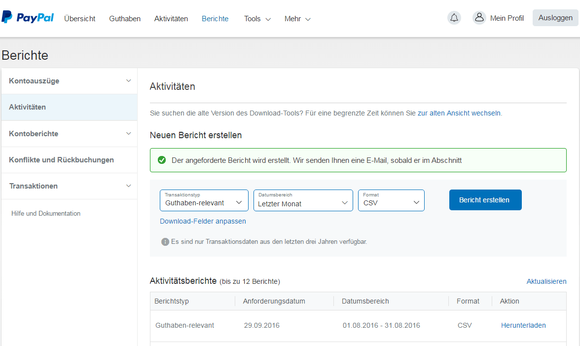 PayPal Transaktionsliste für die Buchhaltung vorbereiten